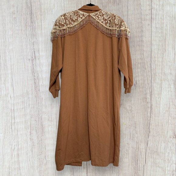 Vintage 80s Lacy Afternoon Shell Kepler Beaded Lace Trim Duster Jacket Brown L - Picture 3 of 8